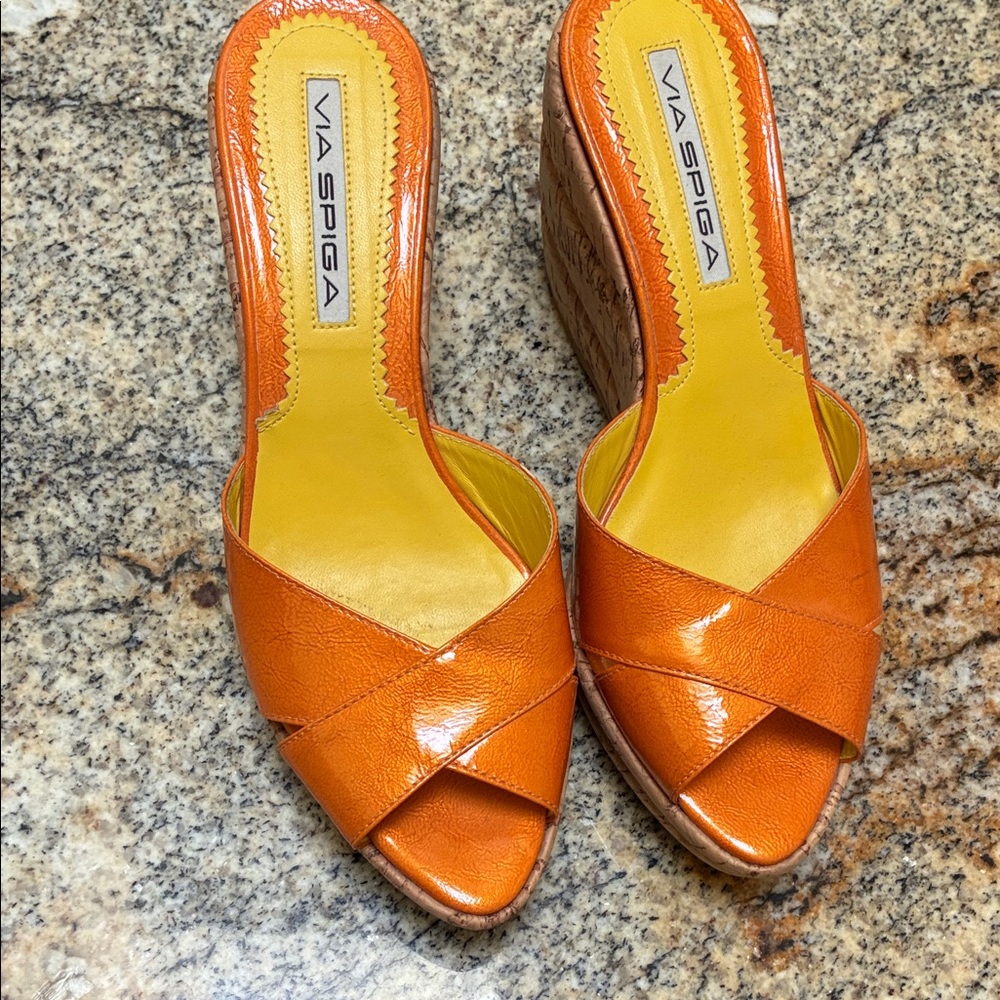 Via Spiga Bright Orange Wedge Sandals, Size 6